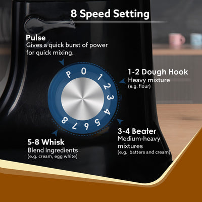 AGARO Royal Stand Mixer 1000W with 5L SS Bowl and 8 Speed Setting I Includes Whisking Cone, Mixing Beater & Dough Hook, and Splash Guard, 2 Years Warranty, (Black) (Indian Plug)