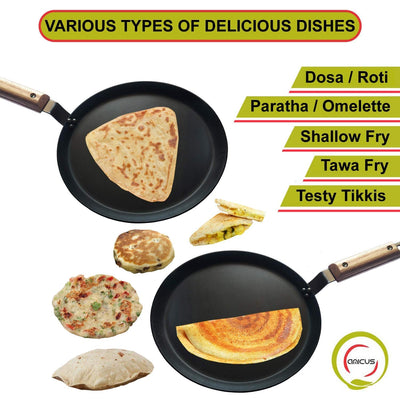 amicus Kitchen Premium Iron Tawa for Dosa Roti Chapati, Flat Iron Tava with Wooden Handle, Induction Friendly,10 Inch,1.2 Kg, Black