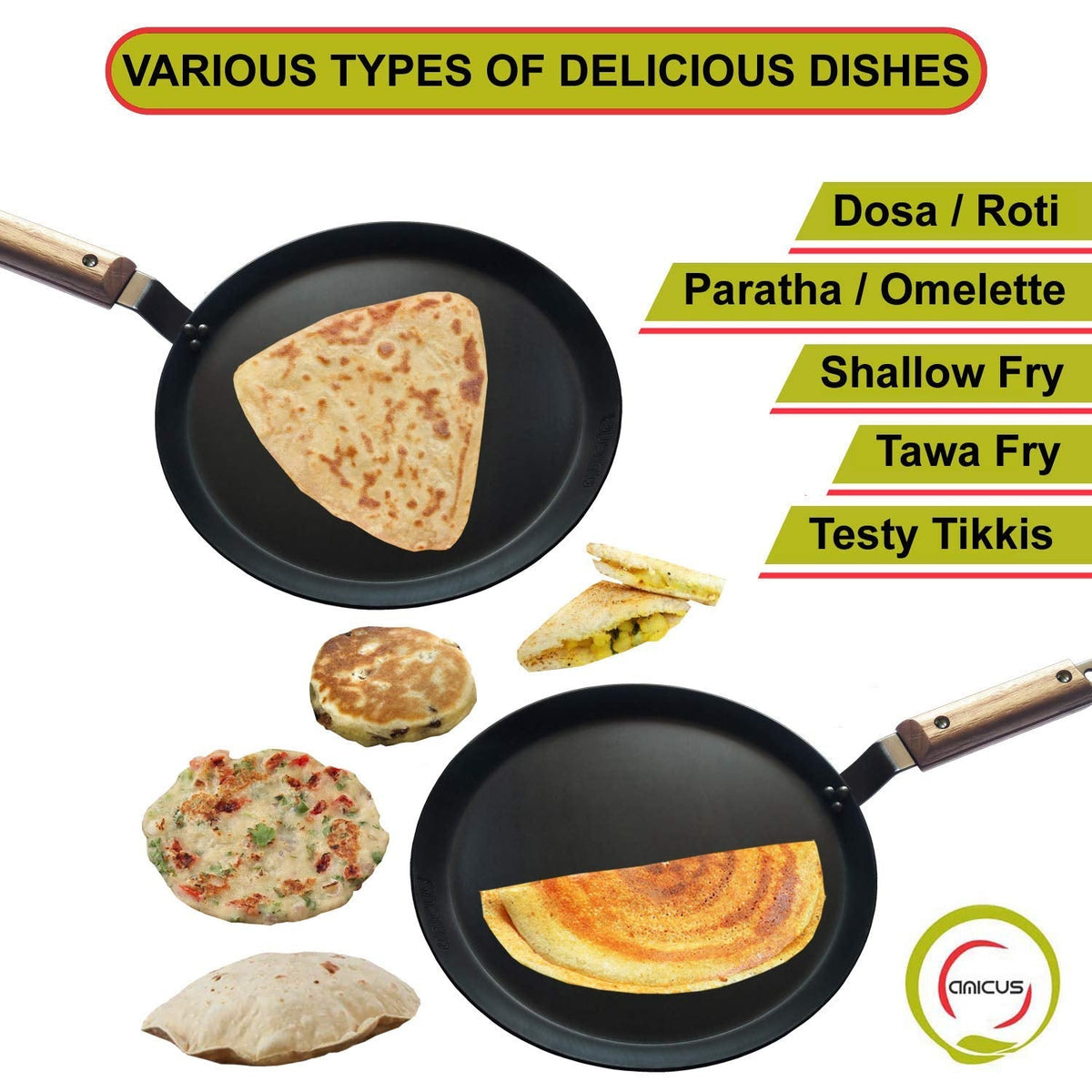 amicus Kitchen Premium Iron Tawa for Dosa Roti Chapati, Flat Iron Tava with Wooden Handle, Induction Friendly,10 Inch,1.2 Kg, Black