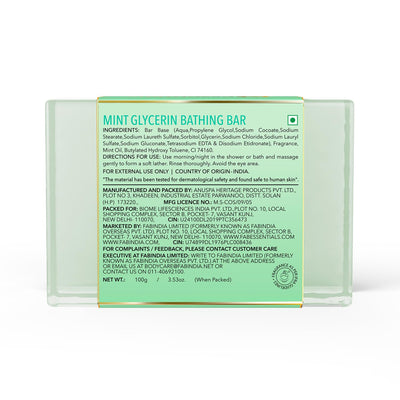 8x Fabessentials Mint Glycerin Bathing Bar | with Natural Bioactives | for Cleansing, Nourishing and Rejuvenating Skin | Vegan & Toxin Free - 100 gm Pack of 8