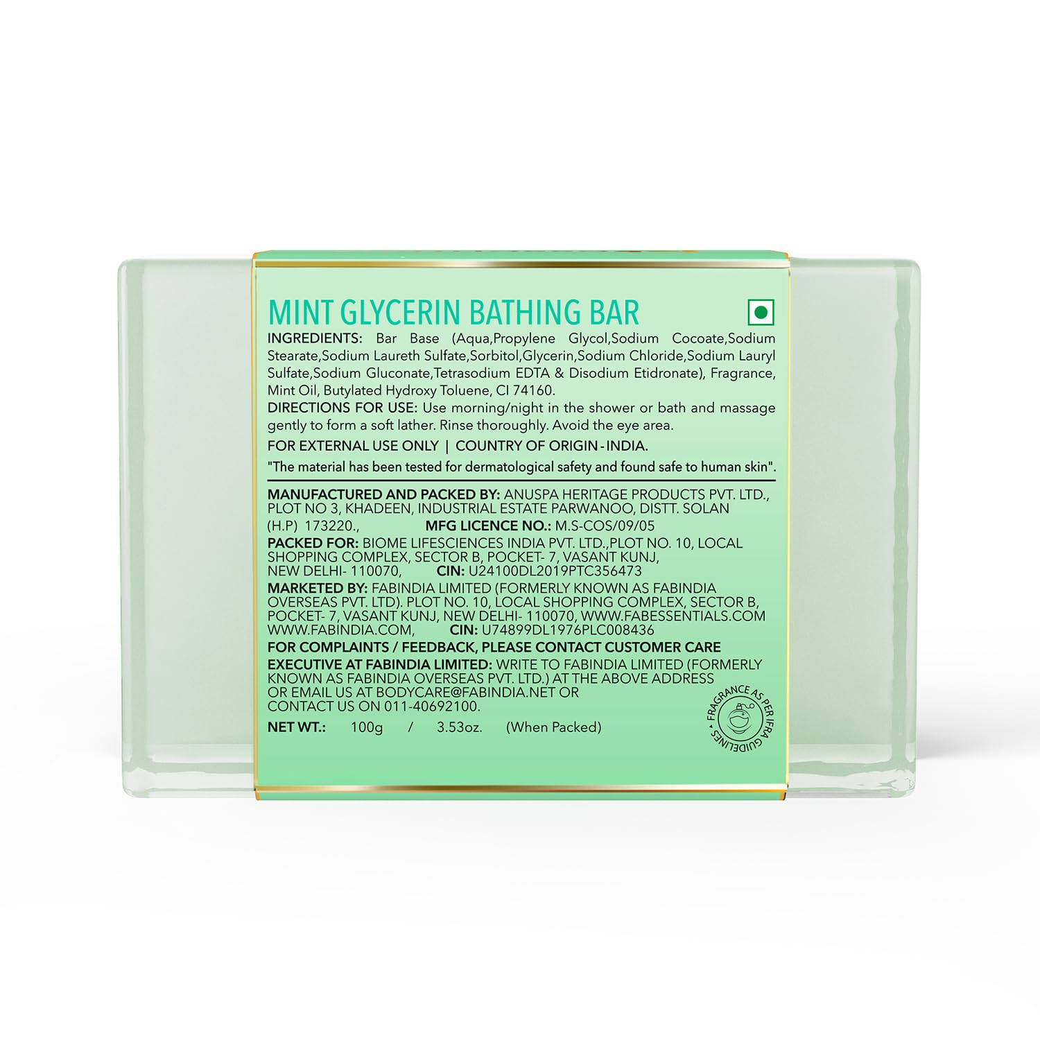 8x Fabessentials Mint Glycerin Bathing Bar | with Natural Bioactives | for Cleansing, Nourishing and Rejuvenating Skin | Vegan & Toxin Free - 100 gm Pack of 8