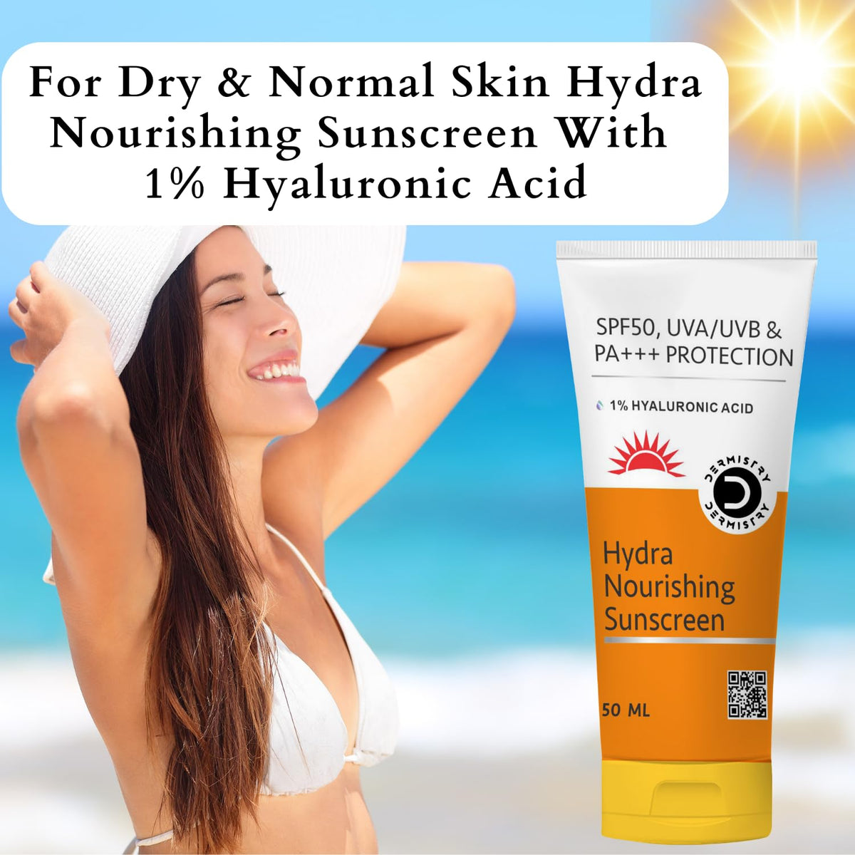 Dermistry 1% Hyaluronic Sunscreen Aqua Gel SPF 50 PA++++ For Oily, Dry, Acne-prone Skin, Ultra Lightweight Texture, Non-Greasy, No White Cast, Broad Spectrum Protection - 50g