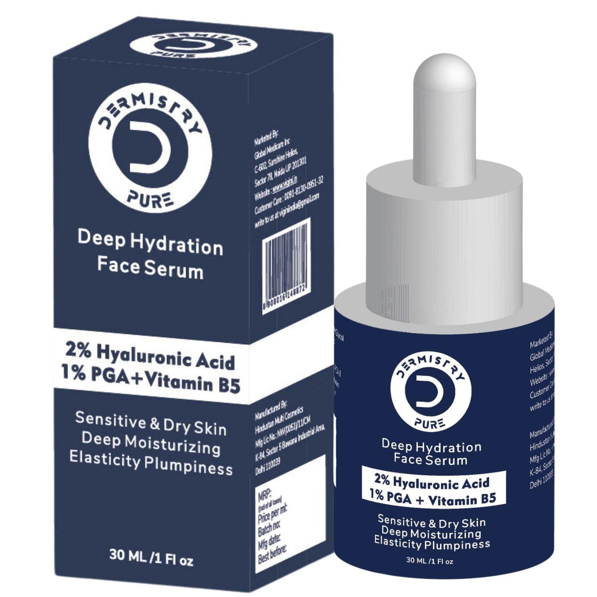 Dermistry Pure 2% Hyaluronic Acid 1% PGA Vitamin B5 Face Serum for Sensitive & Dry Skin Intense Hydrating Moisturiser for Day Night Deep Moisturizing Elasticity Plumpiness Soft Supple Skin 30ml