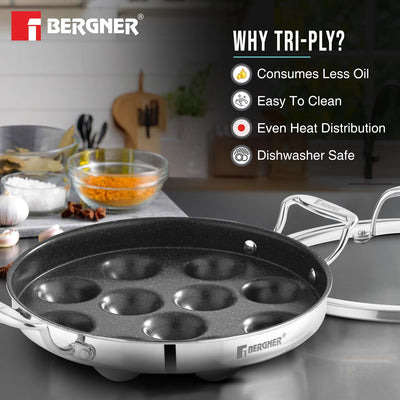 BERGNER Argent Samsara Triply Stainless Steel 11 Pits (25cm) Round Paniyarakkal with Glass Lid, Paniyaram with Quantanium Non-Stick Coating, Consumes Less Oil, Healthy Cooking - Induction Compatible