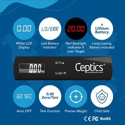 Ceptics weight machine for luggage weighing scale, luggage weighing scale capable capacity up to 50 Kg, weighing machine for luggage with LCD display luggage scale for bags, home, shop - BLACK