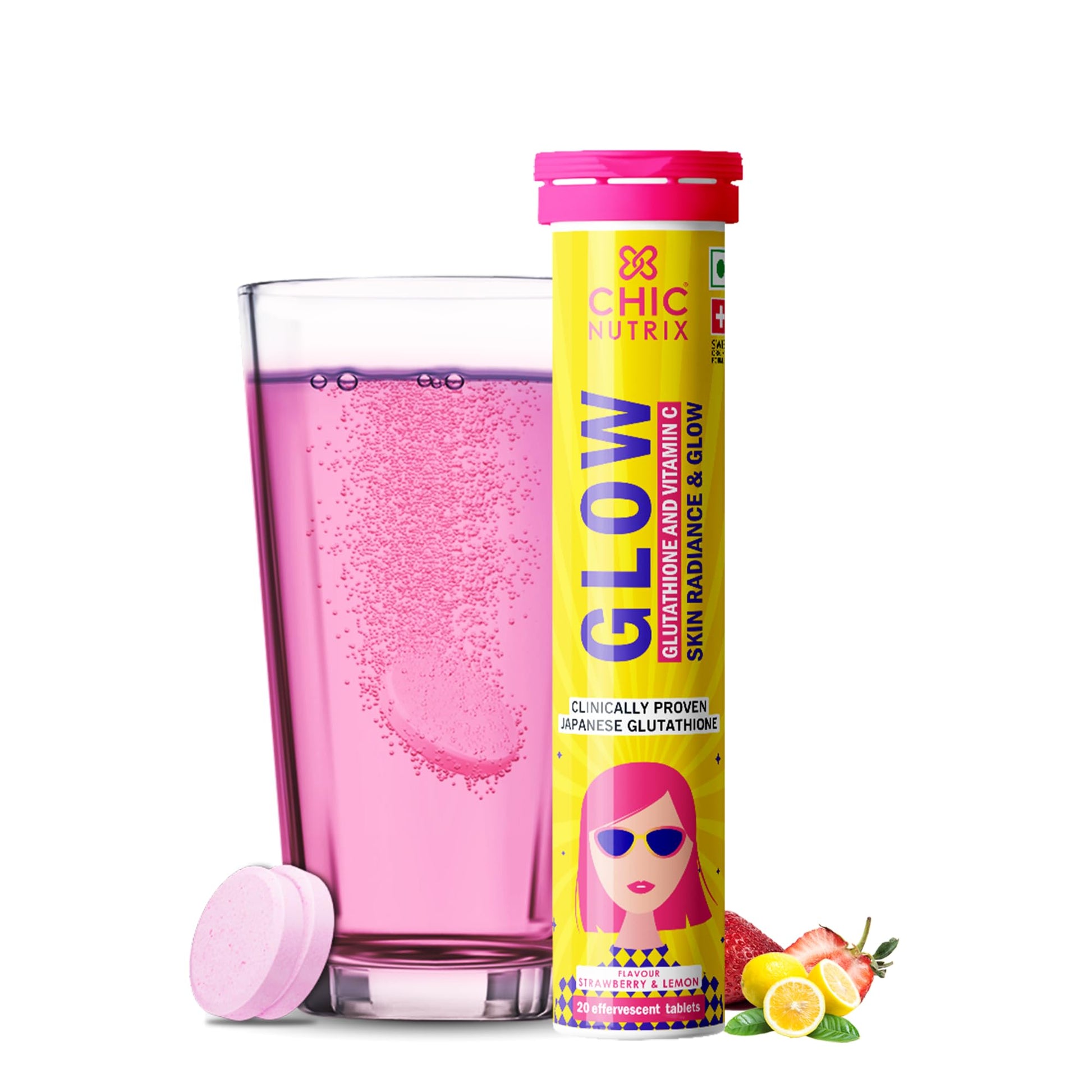 Chicnutrix Glow- 20 Effervescent Tablets| Japanese Glutathione & Vit. C| Antioxidants for clear, glowing skin| Sugar-free, Strawberry-lemon flavour