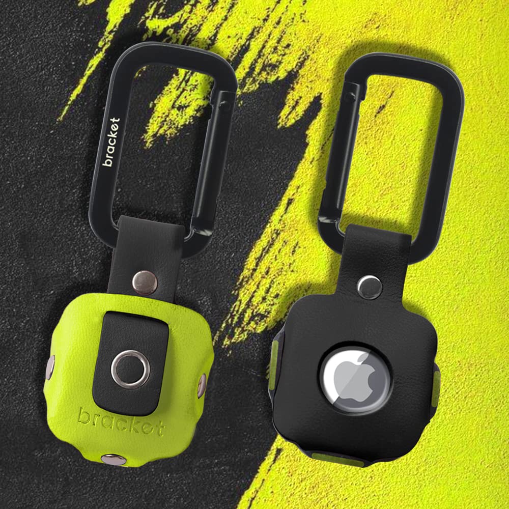 Airtag Premium Leather Key Ring Holder Case Cover Compatible with Apple Airtag, Comes with Metal Carabiner & Transparent AirTag Protective Film (1-Pack, Light Yellow & Black) (AirTag Not Included)