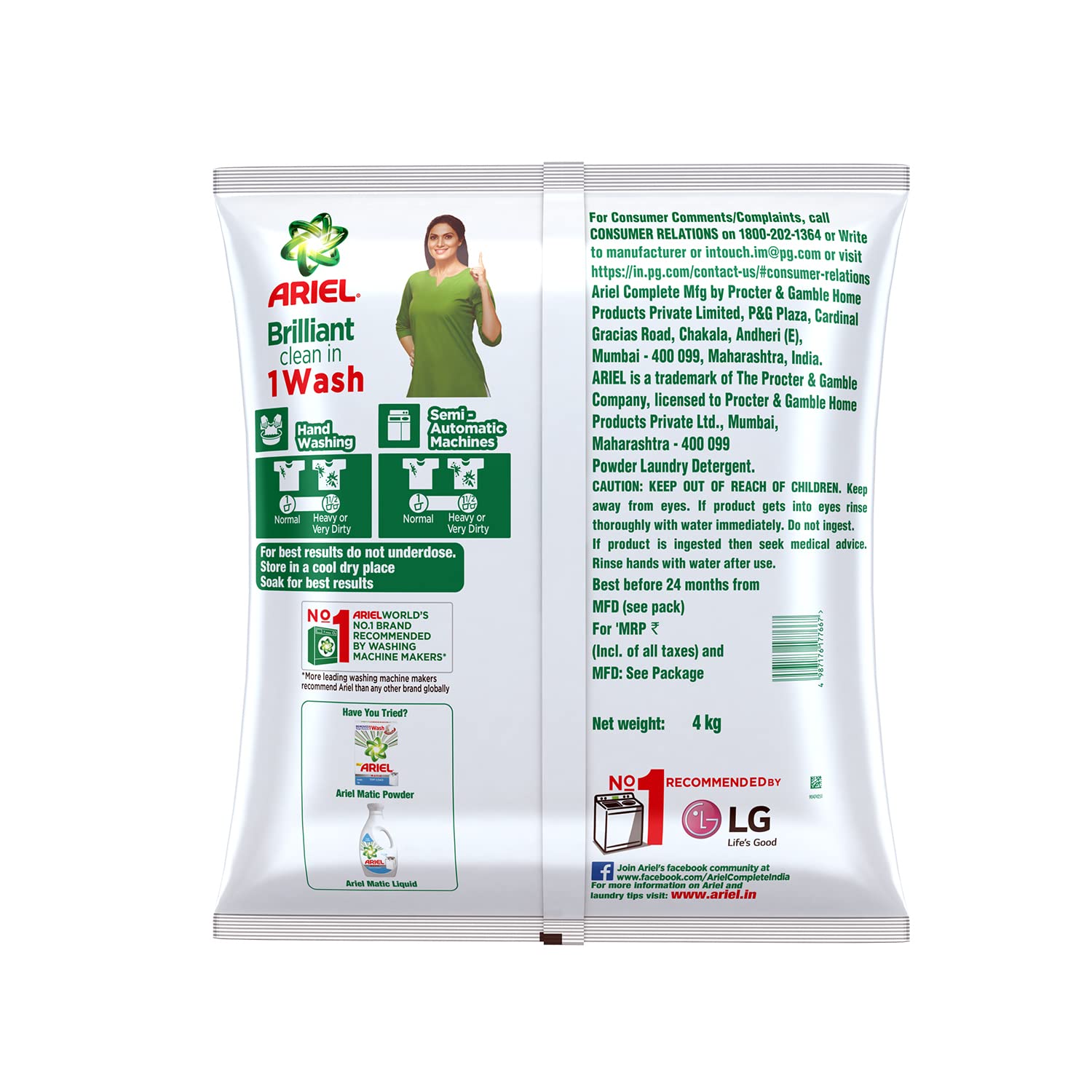 Ariel Complete Detergent Washing Powder- 4Kg Value Pack