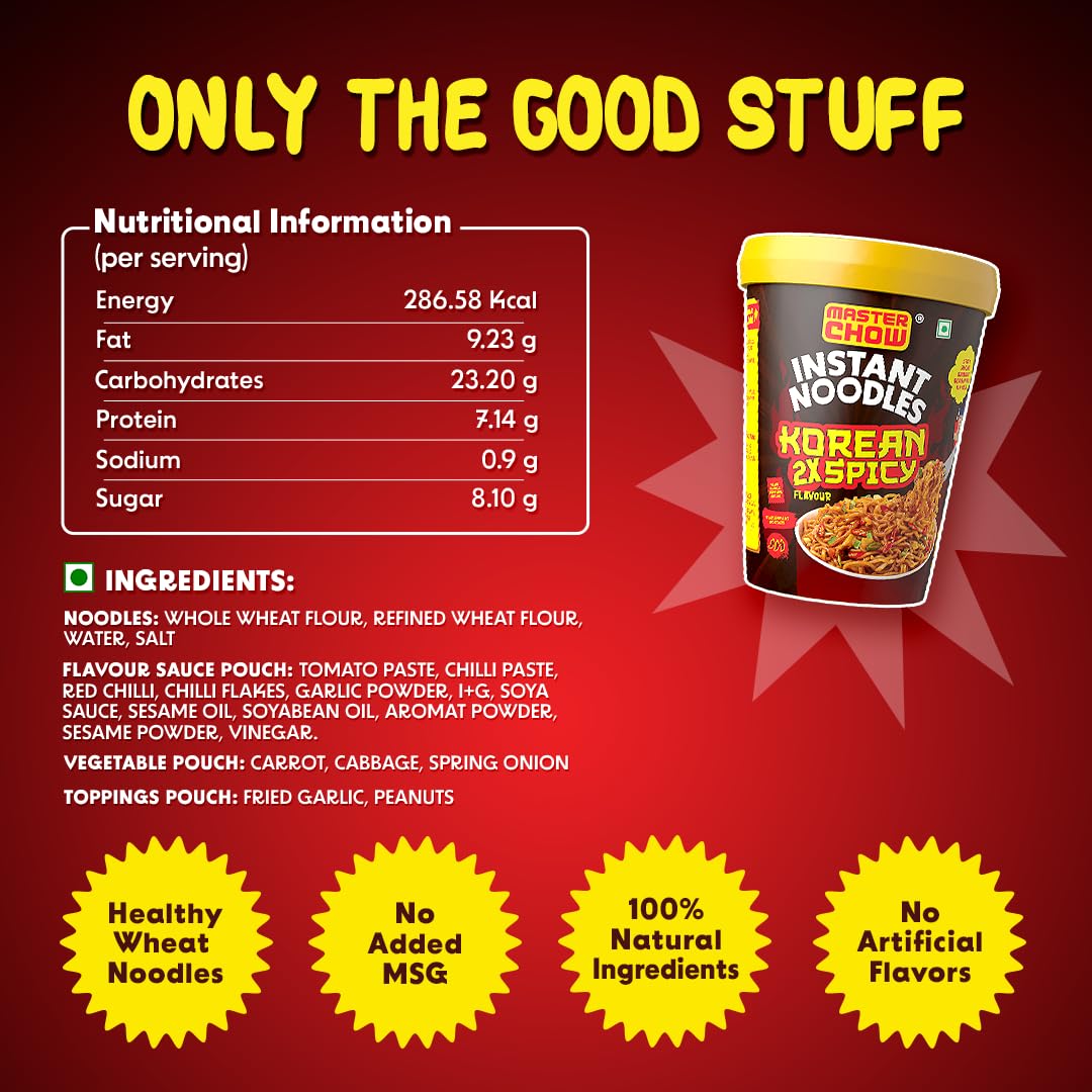 25x MasterChow Instant Cup Noodles - 2X Spicy Korean Noodles | Delicious Saucy Authentic Korean Taste with Extra Veggies | 100g - Pack of 25