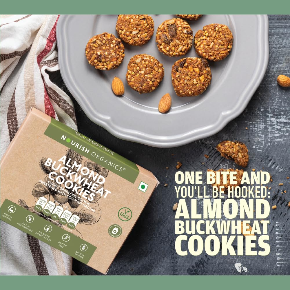 Nourish Organics Almond Buckwheat Cookies, 120gm Pack High in Protein | Vegan | Gluten-Free | No Refined Sugar | Clean Label