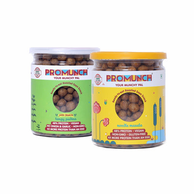 PROMUNCH Roasted Soya Snack - Pack of 2, Flavour: Tangy Pudina and Noodle Masala - 150G Each