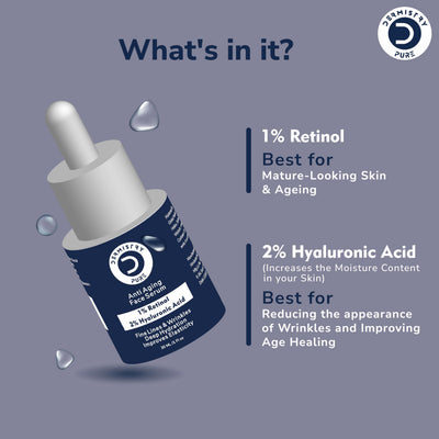 Dermistry Pure 1% Retinol 2% Hyaluronic Acid Anti Aging Skin Firming Tightening Moisturizer Face Serum Removes Ageing Fine Lines Wrinkles Deep Hydration Collagen Boost Improves Elasticity 30ml