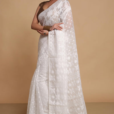 BENGAL HANDLOOM Women'S Cotton Silk Dhakai Softs Vojadi Dhakai Jamdani Sarees (Wite White)