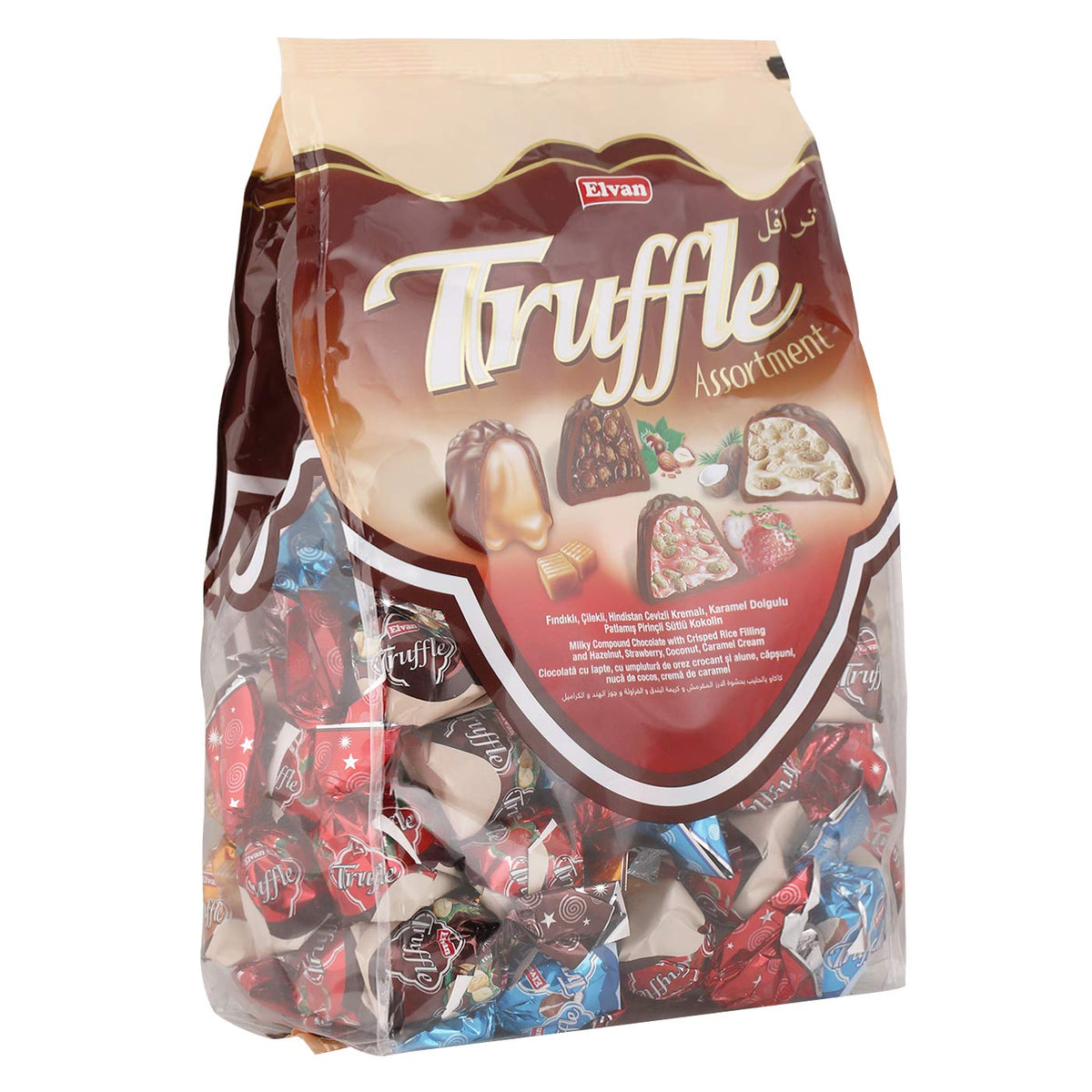 Elvan Truffle Assortment - Milky Compound Chocolate with Crisped Rice Filling and Hazelnut, Strawberry, Coconut, Caramel Cream 1KG bag