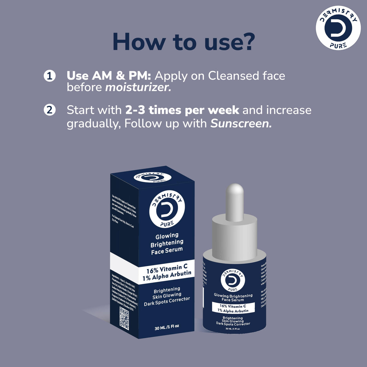 Dermistry 16% Vitamin C 1% Alpha Arbutin Skin Lightening Brightening Instant Glowing Fairness Face Serum Removes Pigmentation Dull Skin Dark Spots Corrects Radiance Sun Damage Repair 30 ml