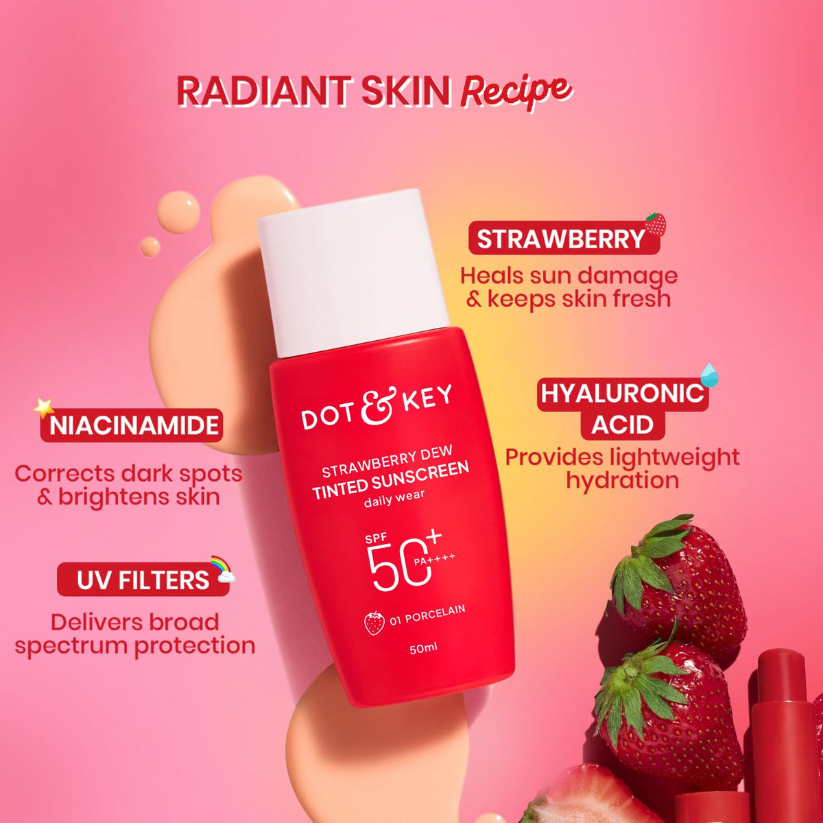 Dot & Key Strawberry Dew Tinted Sunscreen SPF 50+ Pa++++ - 01 Porcelain In- Vivo Tested | Protection Against UVA & UVB | Broad Spectrum, Water & Sweat resistant | For All Skin Types | 50ml