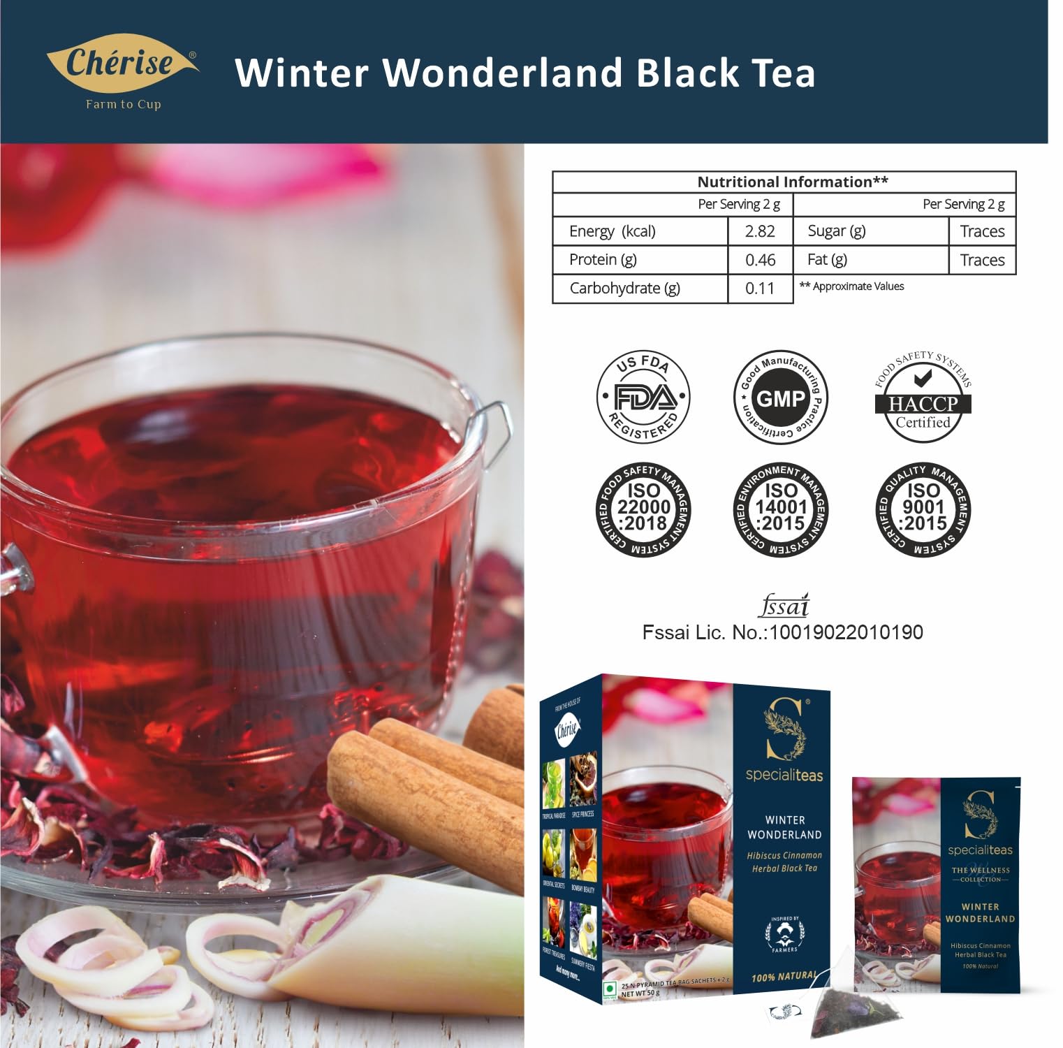 Cherise Specialiteas Winter Wonderland Hibiscus Cinnamon Herbal Black Tea (2 g x 25 Pyramid Tea Bags)