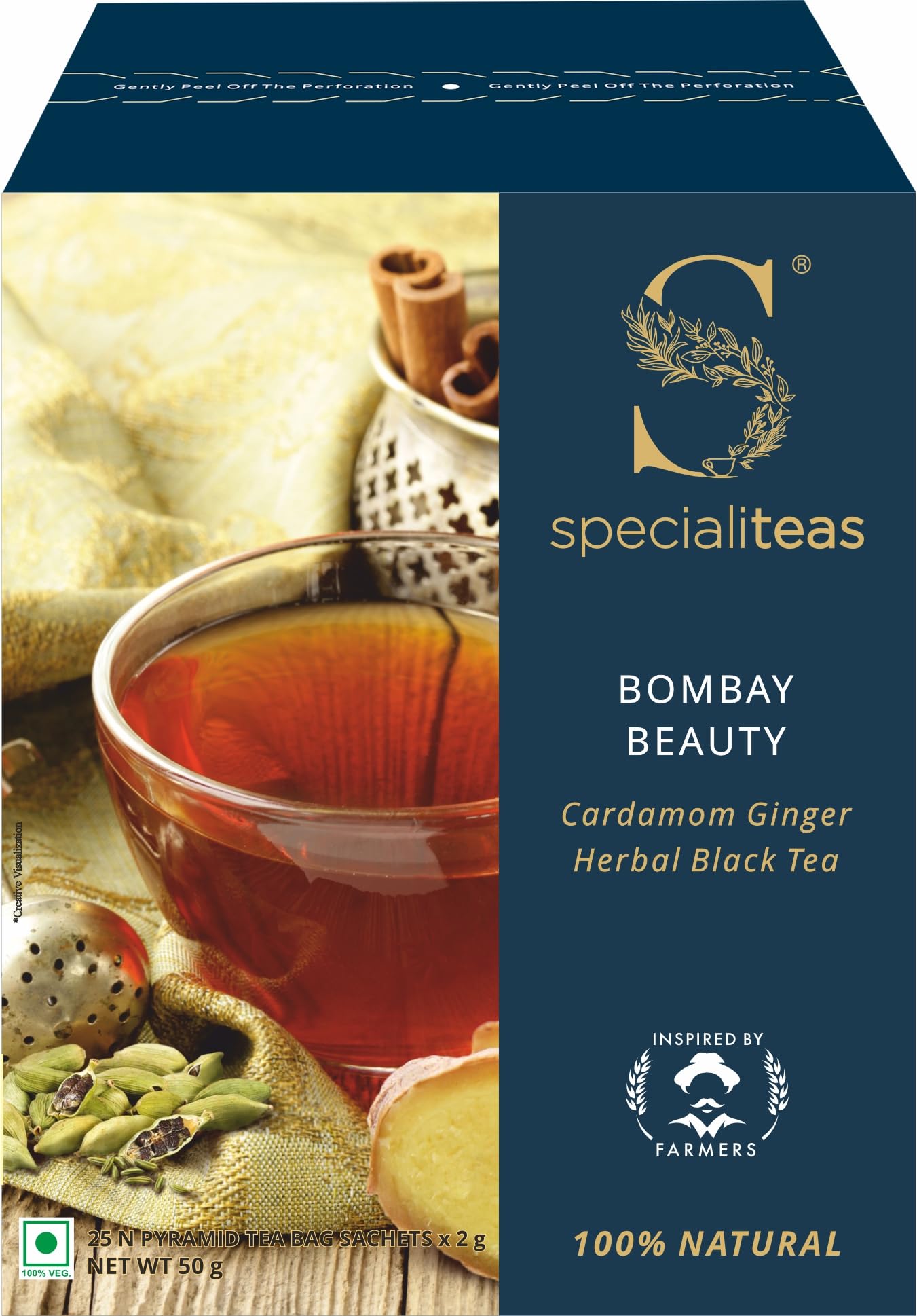 Cherise Specialiteas Bombay Beauty Cardamom Ginger Herbal Black Tea (2 g x 25 Pyramid Tea Bags)