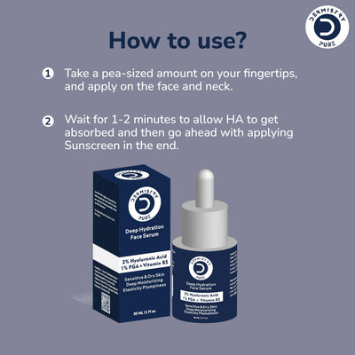 Dermistry Pure 2% Hyaluronic Acid 1% PGA Vitamin B5 Face Serum for Sensitive & Dry Skin Intense Hydrating Moisturiser for Day Night Deep Moisturizing Elasticity Plumpiness Soft Supple Skin 30ml