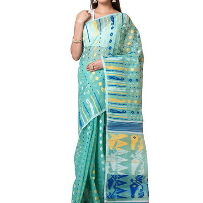 Aishwarya Sarees Women's Jamdani Cotton Sarees For Women Soft Dhakai Jamdani Bengal Pure Handloom Saree for Women. dhakai jamdani sarees for women (Sea Green)