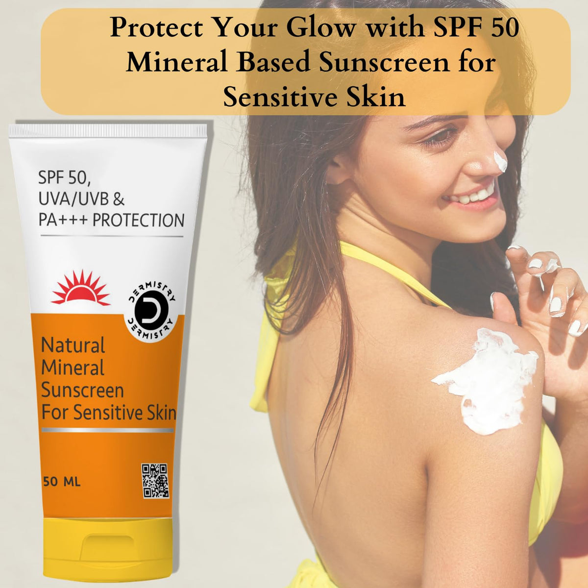 Dermistry Natural Mineral Based Oil Free Pollution Protect Water Based Sunscreen SPF 50 For Sensitive Skin, UVA UVB PA+++ Protection Water Resistant Men Women Children & Kids - 50ml