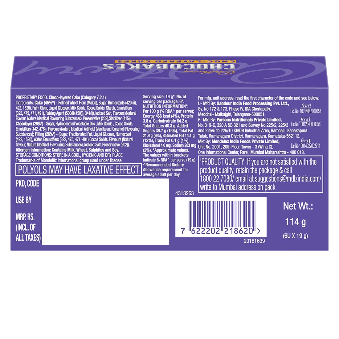 Cadbury Chocobakes ChocLayered Cakes, 126G