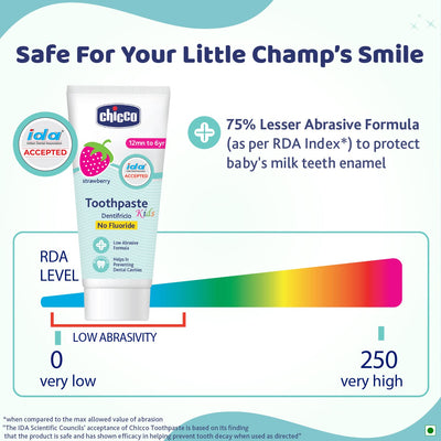 4x Chicco Toothpaste, Strawberry Flavour for 1Y to 6Y Baby, Fluoride-Free, Preservative-Free,Cavity Protection (50g each) - Pack of 4