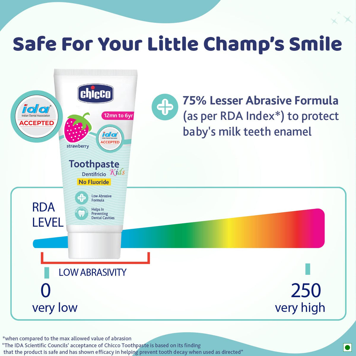 4x Chicco Toothpaste, Strawberry Flavour for 1Y to 6Y Baby, Fluoride-Free, Preservative-Free,Cavity Protection (50g each) - Pack of 4