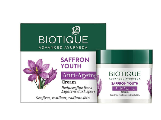 Biotique Saffron Youth Anti-Ageing Cream Reduces fine lines Lightens dark Spots, 50g