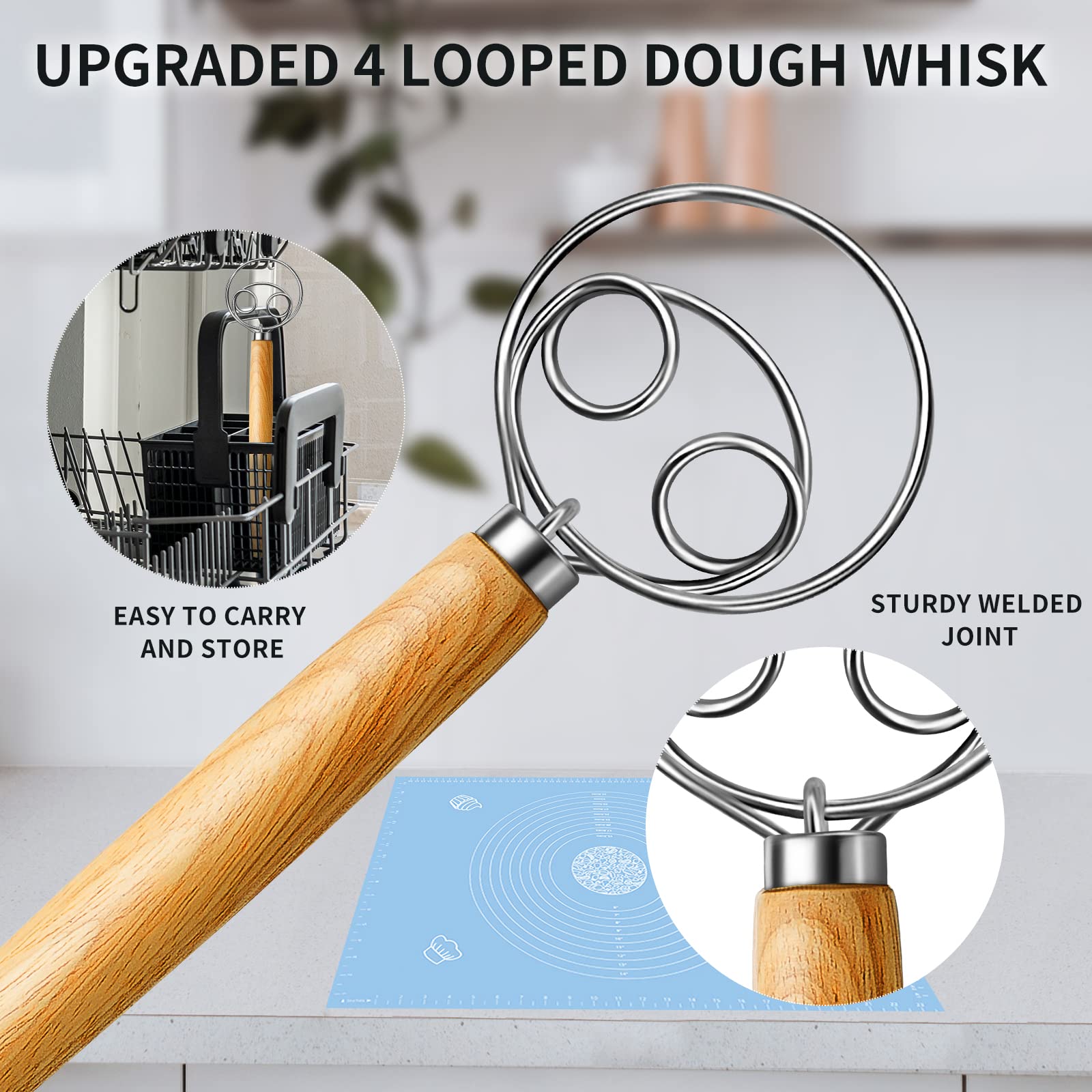 (More Efficient) TeeVea Danish Dough Whisk Stainless Steel Dutch Style Bread Dough Hand Mixer Blender Wooden Handle Kitchen Baking Tools Artisian Blender
