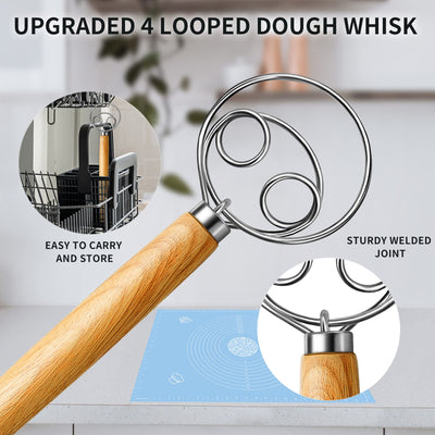 (More Efficient) TeeVea Danish Dough Whisk Stainless Steel Dutch Style Bread Dough Hand Mixer Blender Wooden Handle Kitchen Baking Tools Artisian Blender