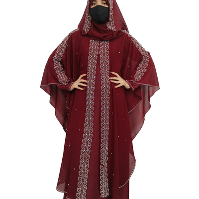 BURAQUE DESIGNER Nida fabric Free Size Muslim Burqa/Abaya & Burkha Dress for Muslim women and Girl's (F01-Maroon Leaf-Burkha)