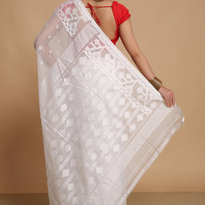 BENGAL HANDLOOM Women's Cotton Silk Dhakai Exclusive Softs Dual Color Jamdani Sarees (White White)