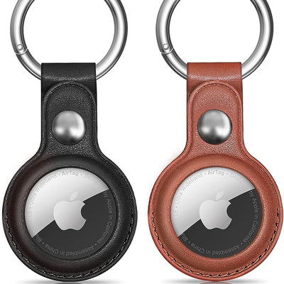 AMiRiTE ADS35 Premium Faux Leather Key Ring Holder Case Cover Compatible with Apple Airtag [ Only Key Holder Cover, Airtag Not Included ] (Black/Brown)