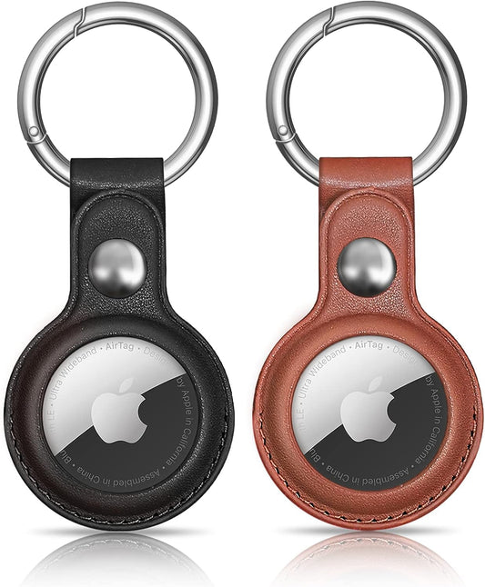 AMiRiTE ADS35 Premium Faux Leather Key Ring Holder Case Cover Compatible with Apple Airtag [ Only Key Holder Cover, Airtag Not Included ] (Black/Brown)