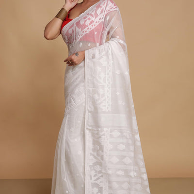 BENGAL HANDLOOM Women's Cotton Silk Dhakai Exclusive Softs Dual Color Jamdani Sarees (White White)