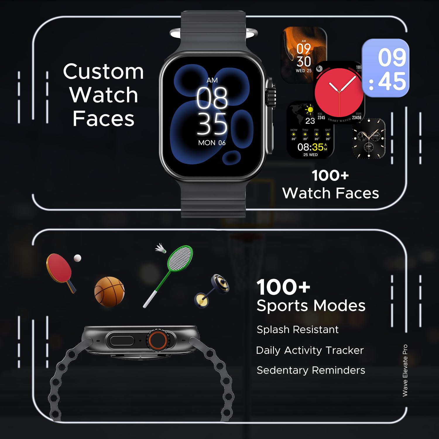 boAt Wave Elevate Pro Smart Watch w/ 1.96" AMOLED Display, BT Calling, Coins,Rugged Metal Body,Functional Crown,Always on Display,100+Sports Mode,Menstrual Tracking,HR & SpO2(Dark Grey)
