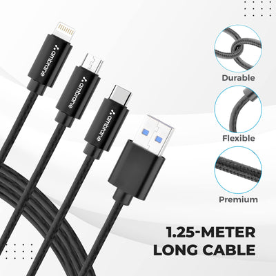 Ambrane Unbreakable 3 in 1 Fast Charging Braided Multipurpose Cable for Speaker with 2.1 A Speed - 1.25 meter, Black (Pack of 2)