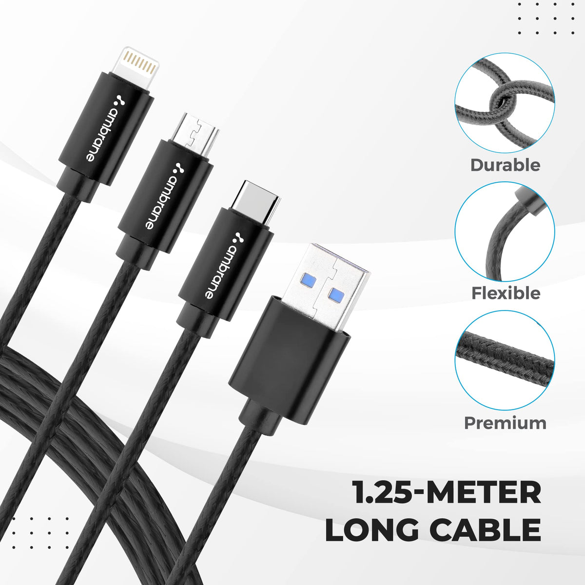Ambrane Unbreakable 3 in 1 Fast Charging Braided Multipurpose Cable for Speaker with 2.1 A Speed - 1.25 meter, Black (Pack of 2)