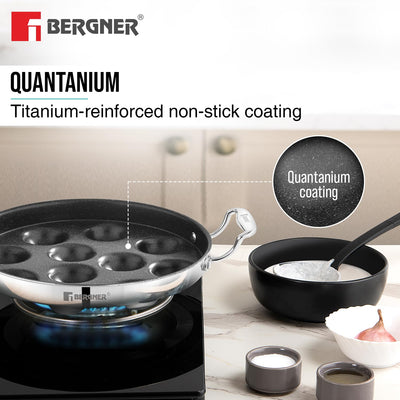 BERGNER Argent Samsara Triply Stainless Steel 11 Pits (25cm) Round Paniyarakkal with Glass Lid, Paniyaram with Quantanium Non-Stick Coating, Consumes Less Oil, Healthy Cooking - Induction Compatible