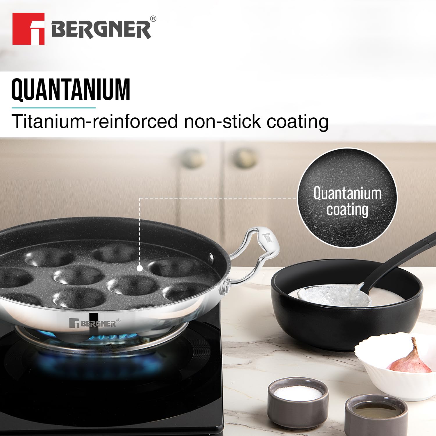 BERGNER Argent Samsara Triply Stainless Steel 11 Pits (25cm) Round Paniyarakkal with Glass Lid, Paniyaram with Quantanium Non-Stick Coating, Consumes Less Oil, Healthy Cooking - Induction Compatible