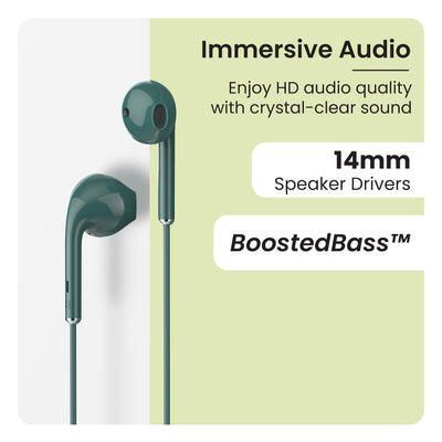 Ambrane Wired in Ear Earphones with in-line Mic for Clear Calling, 14mm Dynamic Drivers for BoostedBass, 3.5mm Jack, Multi-Functional Controller (Stringz 38 Lite, Green)