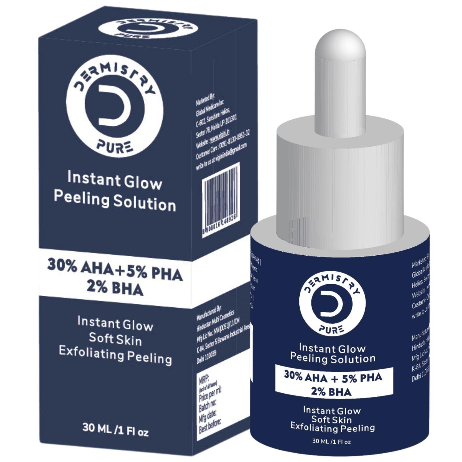 Dermistry Pure 30% AHA + 5% PHA + 2% BHA Skin Lightening Brightening Instant Glowing Smooth Peeling Exfoliating Solution Face Serum For Instant Glow 30ml