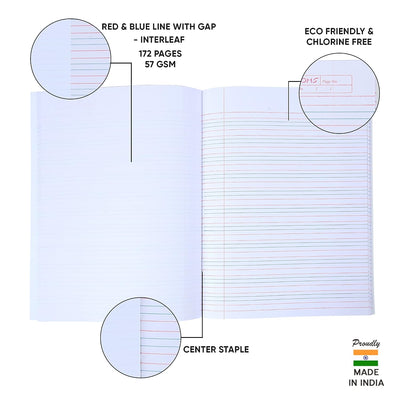 Doms Brown Cover Notebook | Red & Blue With Gap Interleaf | 57GSM | 172 Pages | 18 x 24 cm | Pack of 6