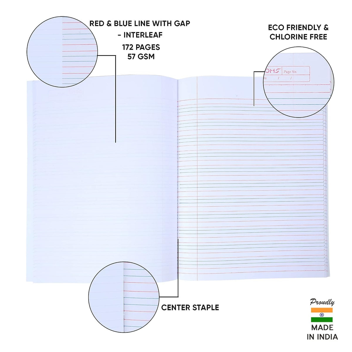Doms Brown Cover Notebook | Red & Blue With Gap Interleaf | 57GSM | 172 Pages | 18 x 24 cm | Pack of 6