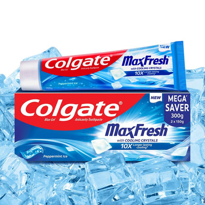 Colgate MaxFresh Toothpaste, Blue Gel Tooth Paste with Menthol for Super Fresh Breath, 300g, 150g X 2 (Peppermint Ice, Combo Pack Offer)
