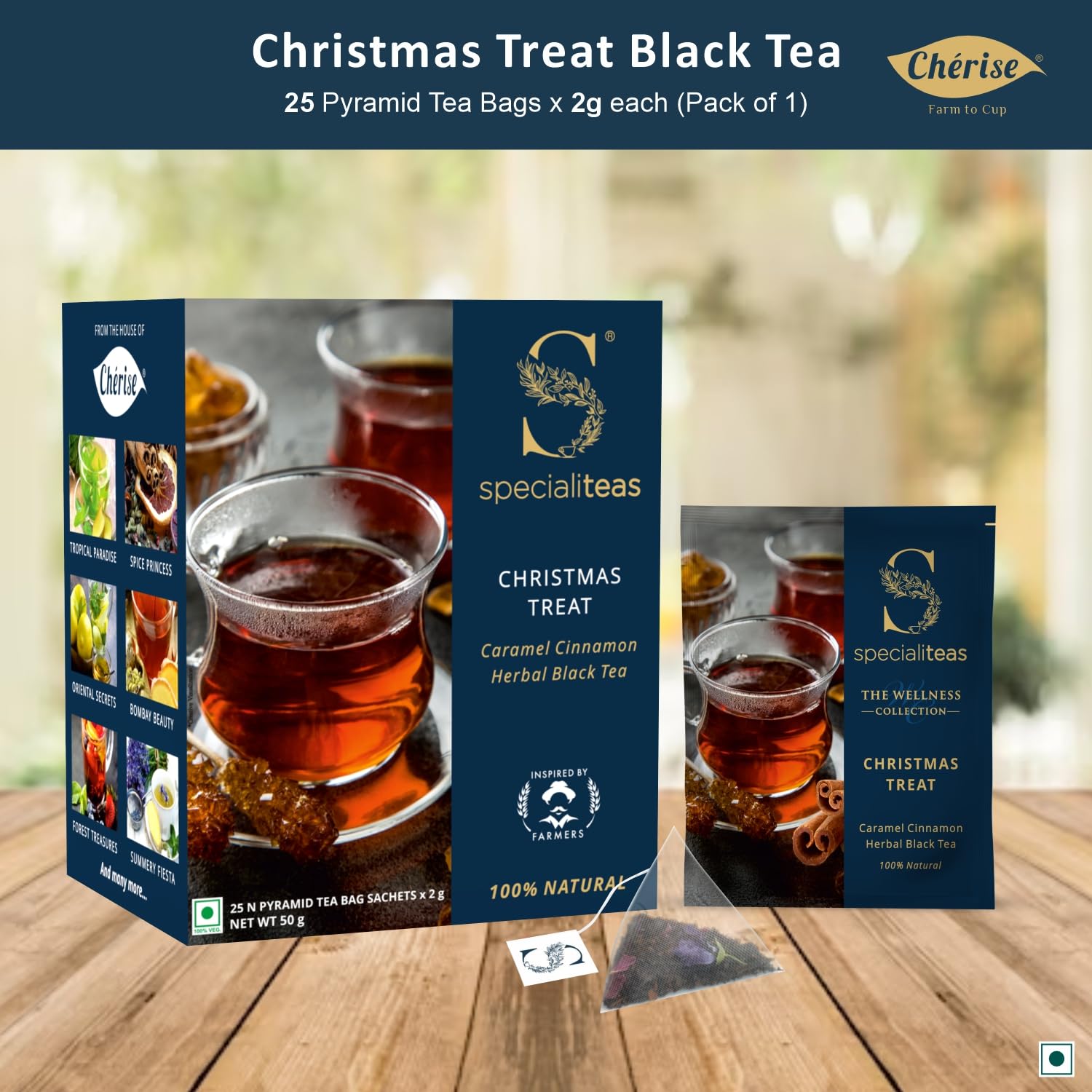 Cherise Specialiteas Christmas Treat Caramel Cinnamon Herbal Black Tea (2 g x 25 Pyramid Tea Bags)