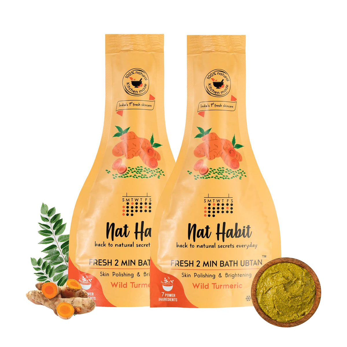 8x Nat Habit Fresh Wild Turmeric Bath Ubtan, 2 Minute Body Scrub For Accelerated Detan -  80 g Each (Pack of 8)
