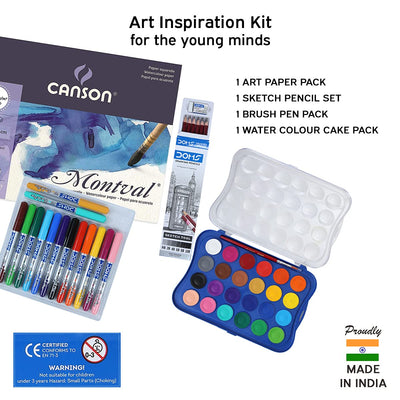 Doms Brush Pen Set | Color Medley Art Kit | 24 Shades Watercolor Cakes | Brush Pen | Drawing Pencil | Watercolor Paper 300 GSM Painting Smart Kit