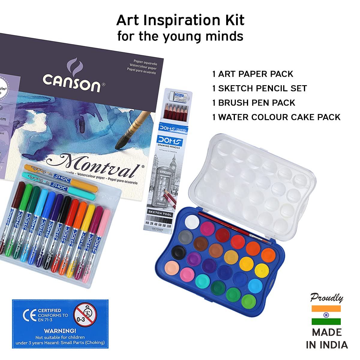 Doms Brush Pen Set | Color Medley Art Kit | 24 Shades Watercolor Cakes | Brush Pen | Drawing Pencil | Watercolor Paper 300 GSM Painting Smart Kit